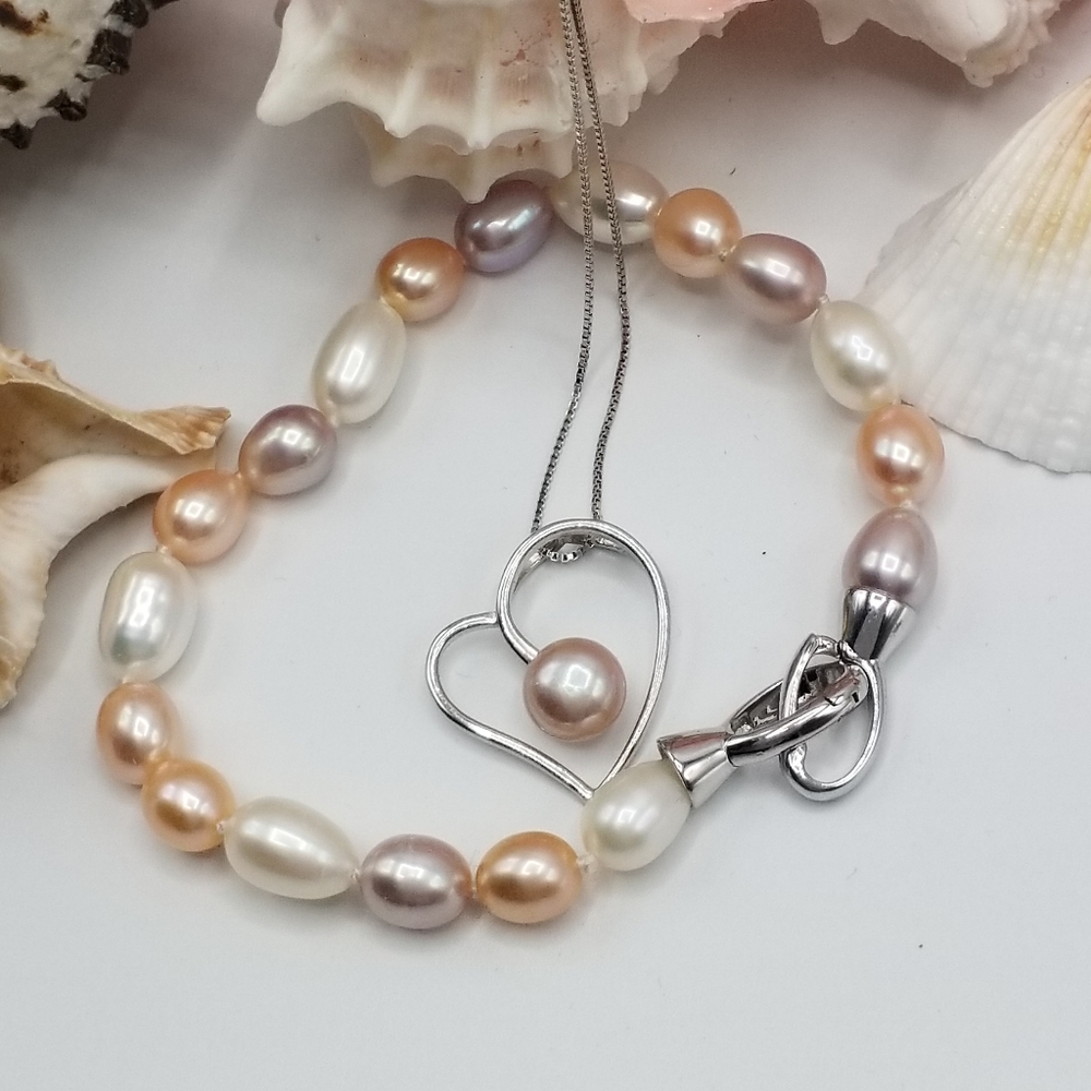 925S Cultured Freshwater Pearl Bracelet With Pendant Heart Shaped And Chain‎ Set